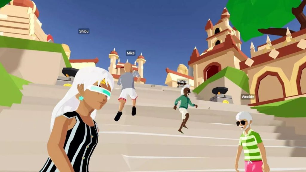 玩家自定的角色在虛境實境遊戲的「公共空間」相遇。圖片來源: Decentraland