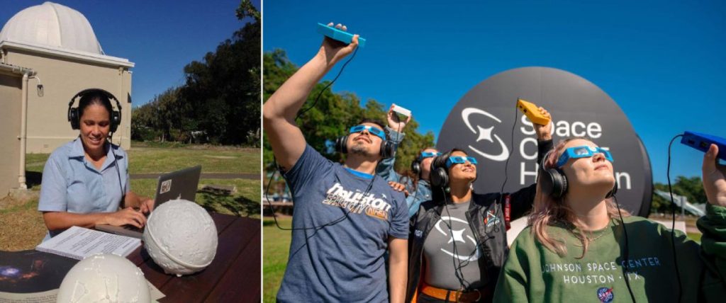 左：讀大學時失去視力的梅爾塞德後來發明了用聲音觀測天體的技術，獲英國廣播電視譽為最有創見的科學家之一。
右：LightSound用家可以用耳機或裝置本身的揚聲器聆聽日蝕過程。（圖片來源： Rochelle Pettawa）