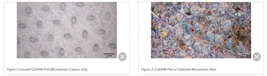 Cleanr的濾芯（左）和使用後隔出的微膠粒（右）。