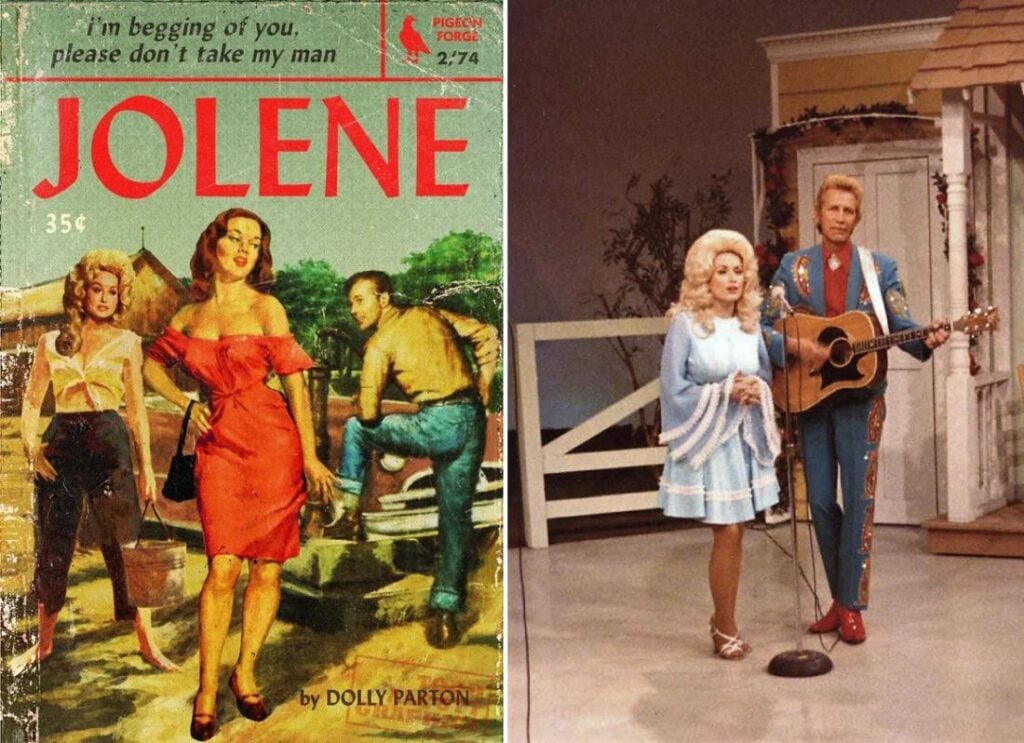 桃莉‧芭頓的冠軍歌曲《Jolene》(左);她和波特‧華格納演出電視節目。