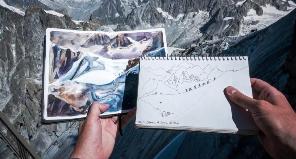 祖母與孫兒先後在1989年和2023年畫的白朗峰南峰。